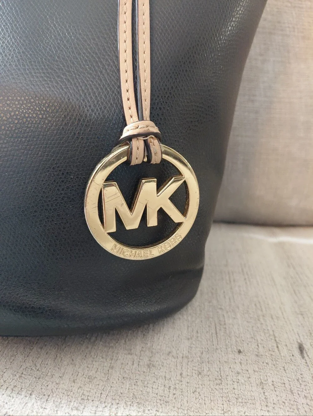 Michael Kors Black Leather Tote Shoulder Bag with Gold Emblem